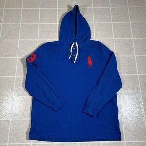 Polo Ralph Lauren Blue Red Embroidered Big Pony Henley Rugby Hoodie Preppy XL
